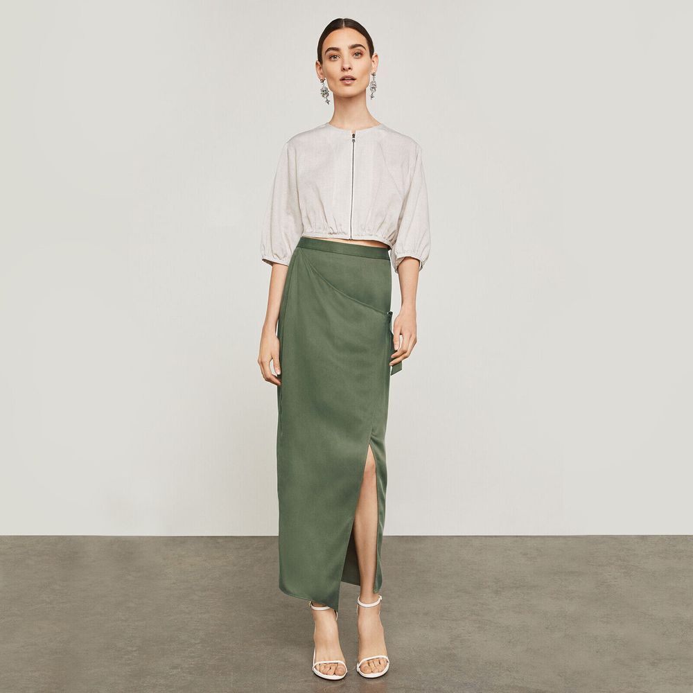 BCBGMAXAZRIA Microsuede Maxi Wrap Skirt Womens XS Dusty Olive Brand New NWT